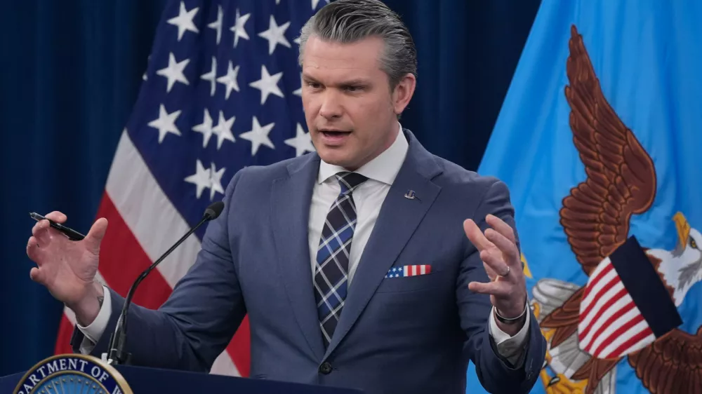 Defense Secretary Pete Hegseth speaks to members of the media during a press briefing at the Pentagon in Washington, Thursday, March 19, 2026. (AP Photo/Manuel Balce Ceneta)