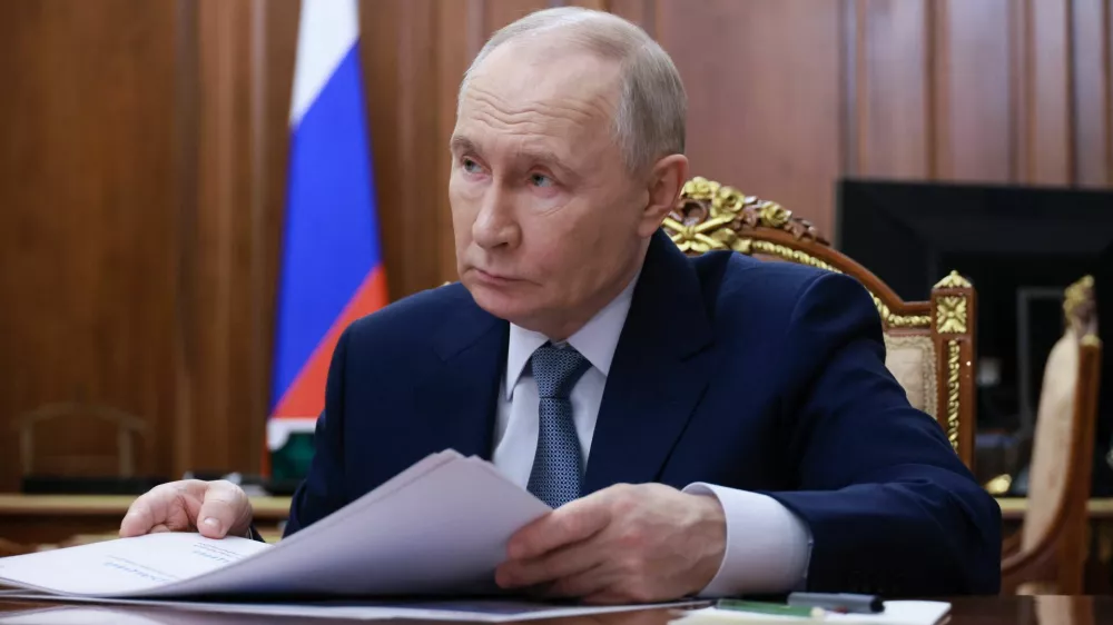 Russian President Vladimir Putin attends a meeting with head of the Udmurt Republic Alexander Brechalov in Moscow, Russia, March 16, 2026. Sputnik/Gavriil Grigorov/Pool via REUTERS ATTENTION EDITORS - THIS IMAGE WAS PROVIDED BY A THIRD PARTY.