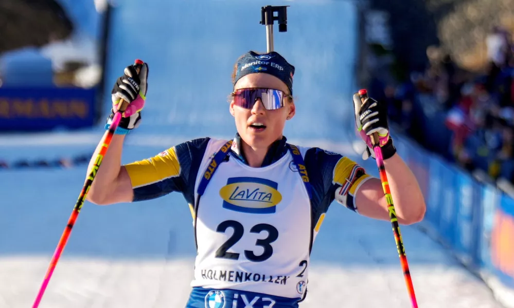 Biathlon - Biathlon World Cup - Women's 7.5km Sprint - Oslo Holmenkollen,&nbsp;Norway - March 19, 2026 Sweden's Hanna Oberg celebrates during the women's 7.5km sprint Heiko Junge/NTB via REUTERS  ATTENTION EDITORS - THIS IMAGE WAS PROVIDED BY A THIRD PARTY. NORWAY OUT. NO COMMERCIAL OR EDITORIAL SALES IN NORWAY.