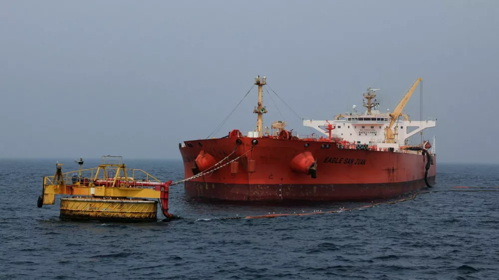 A crude oil tanker EAGLE SAN JUAN, sailing under the flag of Singapore and carrying crude oil from the U.S., offloads at Cnergyico's Single Point Mooring (SPM), Pakistan's first and only floating port, located near Hub coast in Balochistan, Pakistan, March 18, 2026. REUTERS/Akhtar Soomro