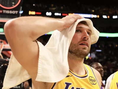 Mar 19, 2026; Miami, Florida, USA; Los Angeles Lakers guard Luka Doncic (77) after 60 point game against the Miami Heat at Kaseya Center. Mandatory Credit: Isabella Frias-Imagn Images