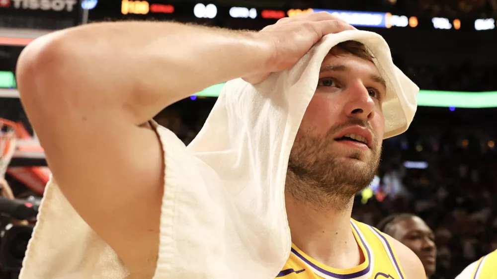 Mar 19, 2026; Miami, Florida, USA; Los Angeles Lakers guard Luka Doncic (77) after 60 point game against the Miami Heat at Kaseya Center. Mandatory Credit: Isabella Frias-Imagn Images