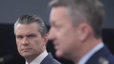 Defense Secretary Pete Hegseth and Chairman of the Joint Chiefs of Staff Gen. Dan Caine speak to members of the media during a press briefing at the Pentagon in Washington, Thursday, March 19, 2026. (AP Photo/Manuel Balce Ceneta)