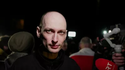 A prisoner released from Belarus, Eduard Palchys, speaks to the media after arriving in Vilnius, Lithuania, March 19, 2026. REUTERS/Janis Laizans