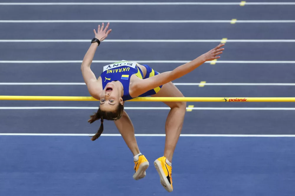 Yaroslava Mahuchikh, of Ukraine, makes an attempt in the women's high jump final at the World Athletics Indoor Championships in Torun, Poland, Friday, March 20, 2026. (AP Photo/Beata Zawrzel)