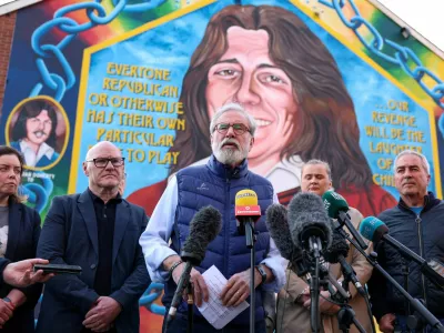 Former Sinn Fein president Gerry Adams speaks in front of a Bobby Sands mural at a press conference in Belfast as a High Court lawsuit against Adams over IRA bombings has been withdrawn by claimants, in Belfast, Northern Ireland, March 20, 2026. REUTERS/Cathal McNaughton REFILE - ADDING INFORMATION