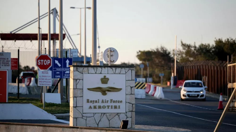 The entrance of RAF Akrotiri, a British sovereign base in Cyprus, which was hit by an unmanned drone overnight, causing limited damage, Cyprus March 2, 2026. REUTERS/Yiannis Kourtoglou
