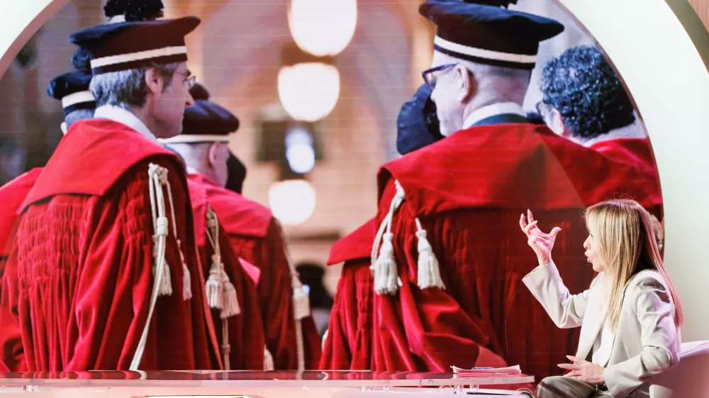 Italian premier Giorgia Meloni speaks about the upcoming referendum on a judicial reform during the RAI state television program Cinque minuti (Five Minutes), in Rome, Friday, March 20, 2026. (Roberto Monaldo /LaPresse via AP)