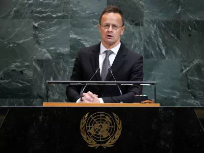 Minister for Foreign Affairs and Trade of Hungary P&eacute;ter Szijj&aacute;rt&oacute; addresses the 80th session of the United Nations General Assembly, Wednesday, Sept. 24, 2025, at U.N. headquarters. (AP Photo/Pamela Smith)