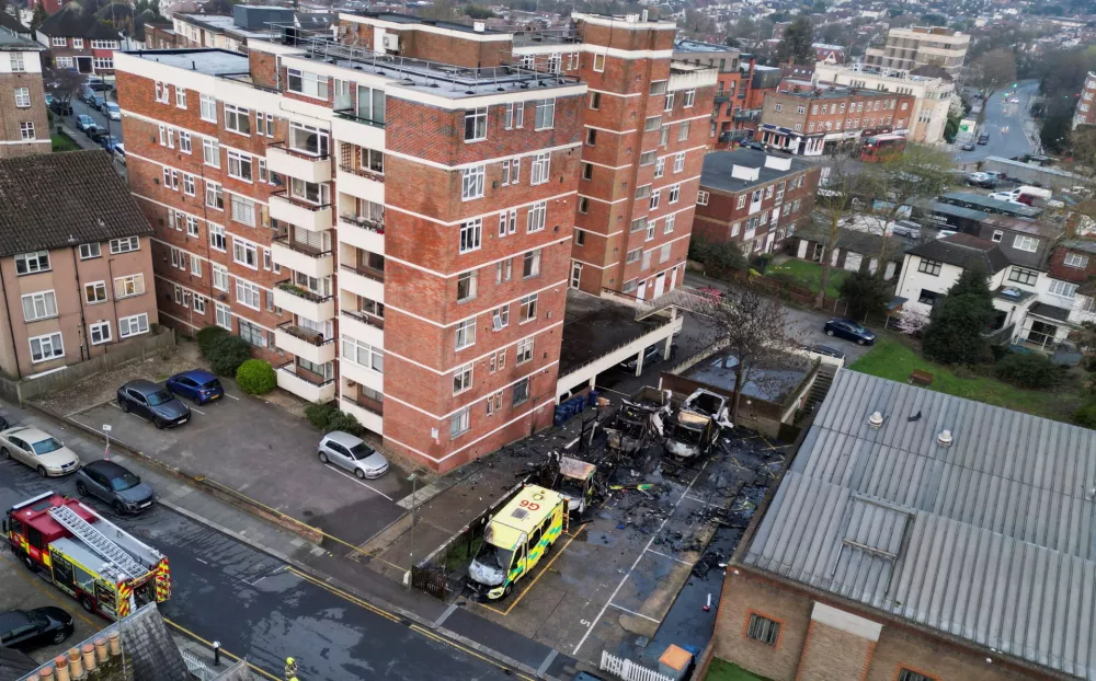 A drone view of four ambulances belonging to Hatzola, a Jewish community organisation, that were set on fire in an incident that the police say is being treated as an antisemitic hate crime, in northwest London, Britain, March 23, 2026. REUTERS/Hannah McKay   TPX IMAGES OF THE DAY