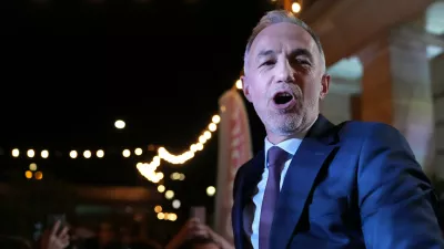 French socialist candidate for Paris mayoral election Emmanuel Gregoire celebrates after he won the second round of France's municipal elections in Paris, France, Sunday, March 22, 2026. (AP Photo/Thibault Camus)