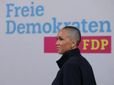 Nicole Buettner, secretary general of Germany's liberal Free Democratic Party FDP arrives at the FDP headquarters to address the media following first election polls for the federal state election in Rhineland-Palatinate were published on TV predicting the FDP's failure to clear the five per cent of the votes threshold, in Berlin, Germany, March 22, 2026.  REUTERS/Maryam Majd