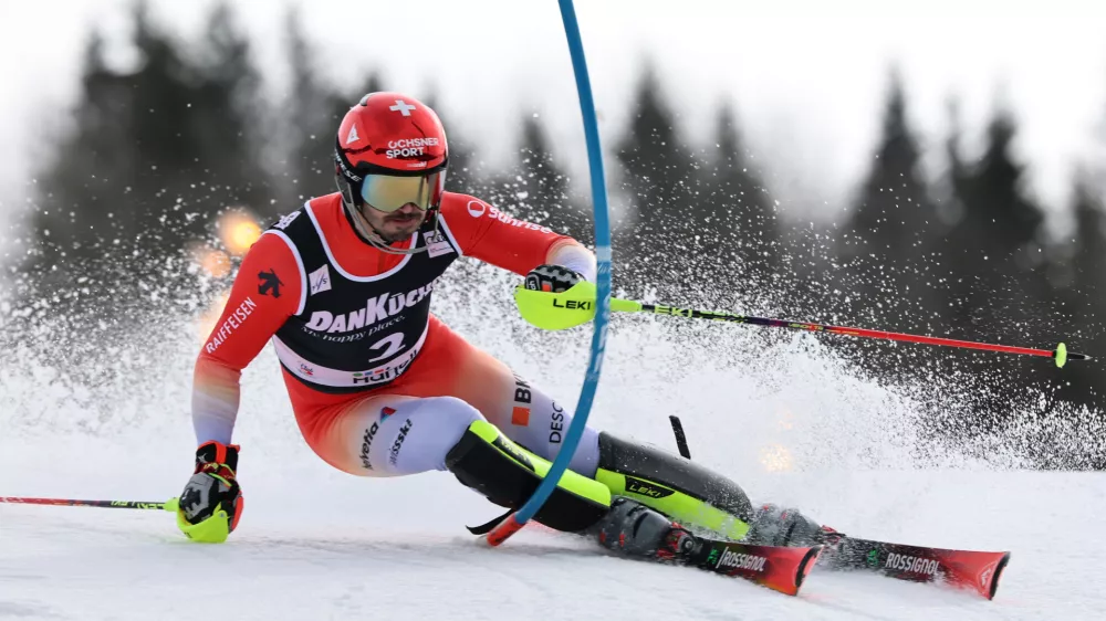Switzerland's Loic Meillard competes in an alpine ski, men's slalom race, at the Lillehammer World Cup Finals, in Hafjell, Norway, Wednesday, March 25, 2026. (AP Photo/Marco Trovati)