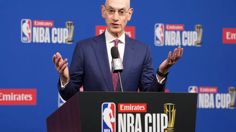 Dec 16, 2025; Las Vegas, Nevada, USA; NBA commissioner Adam Silver speaks during press conference at the Emirates NBA Cup Final at T-Mobile Arena. Mandatory Credit: Kirby Lee-Imagn Images