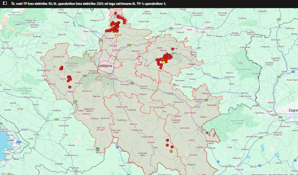 Razmere na območju Elektra Ljubljana okoli 13. ure. 