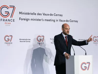 France's Minister for Europe and Foreign Affairs Jean-Noel Barrot speaks during a press conference at the G7 Foreign Ministers' Meeting at Vaux-de-Cernay Abbey in Cernay-la-Ville near Paris, France, March 26, 2026. REUTERS/Stephanie Lecocq