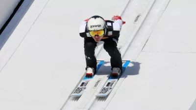 Ski Jumping - FIS Ski Jumping World Cup - Planica, Slovenia - March 28, 2026 Slovenia's Domen Prevc in action during the Mens Team HS240 Trial Round REUTERS/Borut Zivulovic