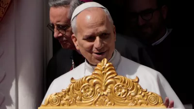 Pope Leo XIV arrives to a meeting with a group of young people and cathecumens in the square in front of Sainte D&eacute;vote Church in La Condamine, Monaco, Saturday, March 28, 2026. (AP Photo/Gregorio Borgia)