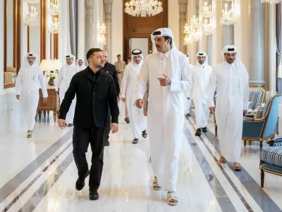 The Emir of Qatar, Sheikh Tamim bin Hamad Al Thani, meets President of Ukraine, Volodymyr Zelenskiy, in Doha, Qatar, March 28, 2026. Amiri Diwan/Handout via REUTERS THIS IMAGE HAS BEEN SUPPLIED BY A THIRD PARTY.