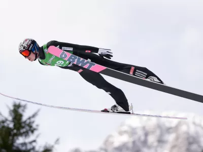 Norway's Marius Lindvik in action during the individual Flying Hill competition at the Ski Jumping World Cup event in Planica, Slovenia, Sunday, March 29, 2026. (AP Photo/Darko Bandic)