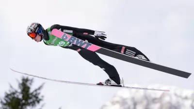 Norway's Marius Lindvik in action during the individual Flying Hill competition at the Ski Jumping World Cup event in Planica, Slovenia, Sunday, March 29, 2026. (AP Photo/Darko Bandic)