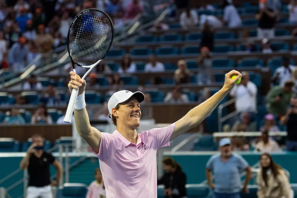 Mar 29, 2026; Miami Gardens, FL, USA; Jannik Sinner of Italy celebrates his victory over Jiri Lehecka of the Czech Republic in the final of the men's singles at the Miami Open at the Hard Rock Stadium. Mandatory Credit: Mike Frey-Imagn Images