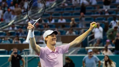 Mar 29, 2026; Miami Gardens, FL, USA; Jannik Sinner of Italy celebrates his victory over Jiri Lehecka of the Czech Republic in the final of the men's singles at the Miami Open at the Hard Rock Stadium. Mandatory Credit: Mike Frey-Imagn Images