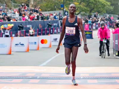 FILE - Albert Korir of Kenya crosses the finish line in second place at the New York City Marathon, Sunday, Nov. 5, 2023, in New York. (AP Photo/Craig Ruttle, File)