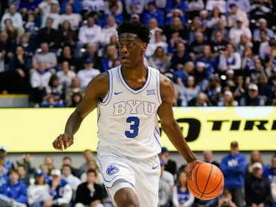 Mar 7, 2026; Provo, Utah, USA; BYU Cougars forward AJ Dybantsa (3) dribbles the ball during the first half against the Texas Tech Red Raiders at Marriott Center. Mandatory Credit: Aaron Baker-Imagn Images