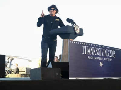 Kid Rock speaks before introducing Vice President JD Vance during a visit to Fort Campbell, Ky., Wednesday, Nov. 26, 2025. (AP Photo/John Amis)