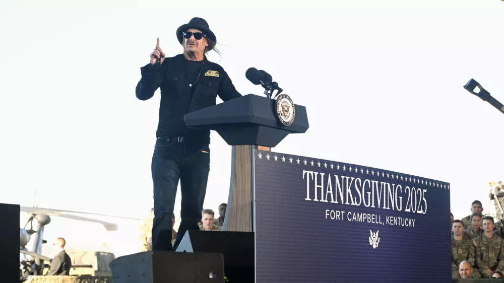 Kid Rock speaks before introducing Vice President JD Vance during a visit to Fort Campbell, Ky., Wednesday, Nov. 26, 2025. (AP Photo/John Amis)