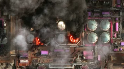 A satellite near-infrared image shows smoke rising from oil storage tanks at Russia's Baltic Sea port of Ust-Luga, which was struck multiple times in Ukrainian attacks, in Ust-Luga, Russia March 29, 2026. Vantor/Handout via REUTERS  THIS IMAGE HAS BEEN SUPPLIED BY A THIRD PARTY. NO RESALES. NO ARCHIVES. MANDATORY CREDIT. DO NOT OBSCURE LOGO.