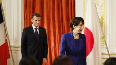 Japanese Prime Minister Sanae Takaichi, right, and French President Emmanuel Macron arrive for signing ceremony at the Akasaka Palace state guest house in Tokyo Wednesday, April 1, 2026. (Franck Robichon/Pool Photo via AP)
