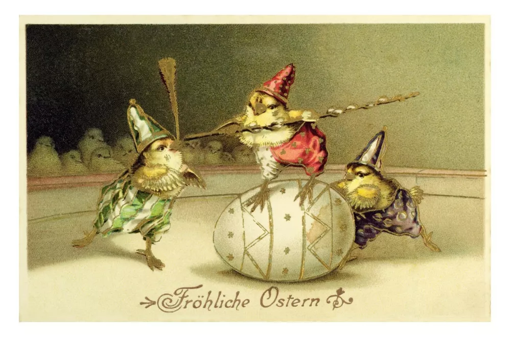 Calendar festival: Easter.Three little acrobat chicks balance with an Easter egg.Easter greetings card.,Image: 277737422, License: Rights-managed, Restrictions:, Model Release: no