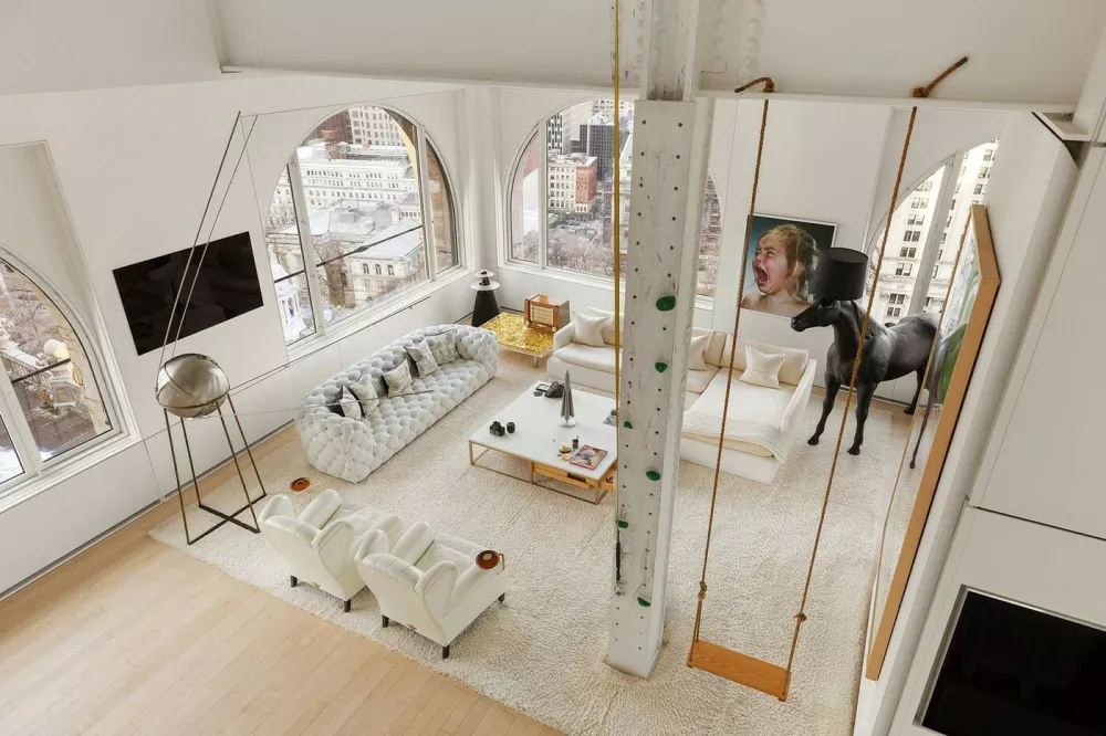 EXCLUSIVE: Story from Jam Press (Insane Sky House)'Sky house' with multi-floor SLIDE and indoor climbing wall goes on sale for 0mA one-of-a-kind "sky house" perched on top of a 23-storey skyscraper has hit the market for a staggering 0m.The jaw-dropping home crowns a historic building at 150 Nassau Street in New York and spans the top four floors.Inside, the 6,500 sq ft property is packed with quirky features, including a giant spiral slide running through the home.The stainless steel slide starts at the very top and winds its way down two floors before ending in the main living space.There is even an indoor climbing wall and rope swing at the heart of the property, as reported by creatorzine.com.The open-plan living area boasts soaring ceilings of up to 46ft and massive arched windows with sweeping views across the New York skyline and rivers.A large terrace also offers stunning panoramic views across the city.Elsewhere, the luxury home features multiple bedrooms, a high-end kitchen fitted with top-of-the-range appliances and a separate prep kitchen.There are also wine fridges, a laundry room and several bathrooms, including a spa-style main bathroom complete with a steam shower and heated floors.The upper level, currently used as a gym, includes the top of the climbing wall and access to the slide.The building itself dates back to 1895 and is considered one of New York's earliest steel-frame skyscrapers.Known as the "Sky House", the property was designed by architect David Hotson and interior designer Ghislaine Vińas.It has previously won major design awards and has been described as a unique architectural masterpiece.The incredible home is now up for sale with a price tag of 0m.ENDS.26 Mar 2026Pictured: Story from Jam Press (Insane Sky House)Pictured: The one-of-a-kind "sky house".'Sky house' with multi-floor SLIDE and indoor climbing wall goes on sale for 0mA one-of-a-kind "sky house" perched on top of a 23-storey skyscraper has hit the market for a staggering 0m.The jaw-dropping home crowns a historic building at 150 Nassau Street in New York and spans the top four floors.Inside, the 6,500 sq ft property is packed with quirky features, including a giant spiral slide running through the home.The stainless steel slide starts at the very top and winds its way down two floors before ending in the main living space.There is even an indoor climbing wall and rope swing at the heart of the property, as reported by creatorzine.com.The open-plan living area boasts soaring ceilings of up to 46ft and massive arched windows with sweeping views across the New York skyline and rivers.A large terrace also offers stunning panoramic views across the city.Elsewhere, the luxury home.,Image: 1086414191, License: Rights-managed, Restrictions: NO Australia, Germany, Norway, South Korea, Sweden, United Kingdom, United States, Unknown Country, Model Release: no, Pictured: Floorplan