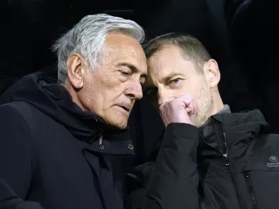 Soccer Football - FIFA World Cup - UEFA Qualifiers - Finals - Bosnia and Herzegovina v Italy - Bilino Polje Stadium, Zenica, Bosnia and Herzegovina - March 31, 2026 UEFA vice-president Gabriele Gravina and UEFA president Aleksander Ceferin in the stands before the match REUTERS/Matteo Ciambelli