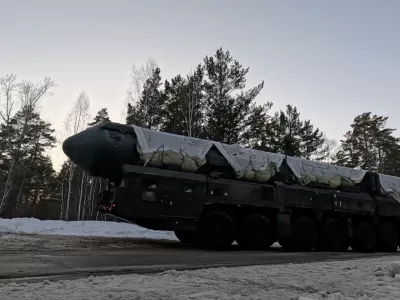 Russia's Yars intercontinental ballistic missile system unit drives during drills by the country's strategic missile forces in an unknown location in Siberia, Russia, in this image taken from handout footage released April 2, 2026. Russian Defence Ministry/Handout via REUTERS ATTENTION EDITORS - THIS IMAGE WAS PROVIDED BY A THIRD PARTY. NO RESALES. NO ARCHIVES. MANDATORY CREDIT.