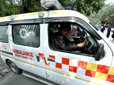Relatives of Pankaj, who died in the blast near Red Fort take his mortal remains in ambulance from the mortuary at Maulana Azad Medical Colleg on November 11, 2025 in New Delhi, India. A high-intensity blast occured near the metro station on Monday evening, killing 12 people and gutting several vehicles. The deadly blast near the Red Fort took place shortly after around 2,900 kilograms of explosives were recovered from Faridabad.Relatives Of Delhi Blast Victims Mourn The Deaths Of Loved Ones, New Delhi, India - 11 Nov 2025,Image: 1051834554, License: Rights-managed, Restrictions:, Model Release: no
