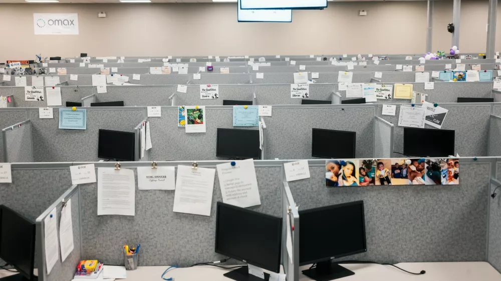 FILE -- A telemarketing center in Montgomery, Ala., on April 16, 2020, after the pandemic prompted widespread lockdowns. Many companies are pushing employees to resume their commutes, while others are offering flexibility.,Image: 675815153, License: Rights-managed, Restrictions: AN APRIL 16, 2020 FILE PHOTO, Model Release: no