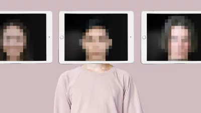 Changing face using AI generated deepfake technology concept. Multiple blurred person face on tablet screen, covering true identity. Spreading hoax using modern tech.