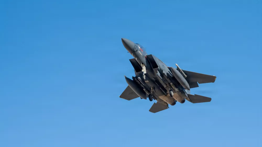 A U.S. Air Force F-15E Strike Eagle aircraft takes off for a mission supporting Operation Epic Fury during the Iran war at an undisclosed location, March 9, 2026. U.S. Air Force/Handout via REUTERS ATTENTION EDITORS - THIS PICTURE WAS PROVIDED BY A THIRD PARTY
