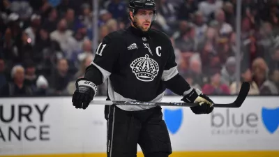 Apr 4, 2026; Los Angeles, California, USA; Los Angeles Kings center Anze Kopitar (11) during the first period at Crypto.com Arena. Mandatory Credit: Gary A. Vasquez-Imagn Images