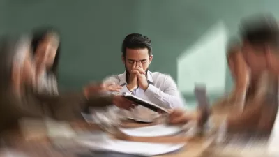 Stress, migraine and motion blur with a business man in a meeting feeling frustrated, tired or overworked. Mental health, anxiety and headache with an exhausted male employee suffering from fatigue