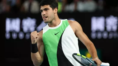 Tennis - Australian Open - Melbourne Park, Melbourne, Australia - February 1, 2026 Spain's Carlos Alcaraz reacts during the men's singles final against Serbia's Novak Djokovic REUTERS/Edgar Su