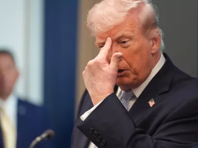 President Donald Trump speaks with reporters in the James Brady Press Briefing Room at the White House, Monday, April 6, 2026, in Washington. (AP Photo/Alex Brandon)