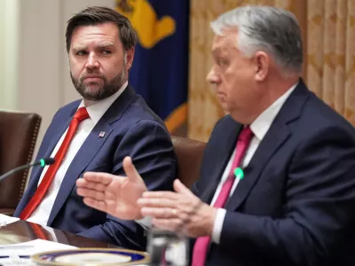 FILE - Vice President JD Vance, left, listens as Hungary's Prime Minister Viktor Orban speaks during a meeting in the Cabinet Room of the White House, Friday, Nov. 7, 2025, in Washington. (AP Photo/Evan Vucci, File)