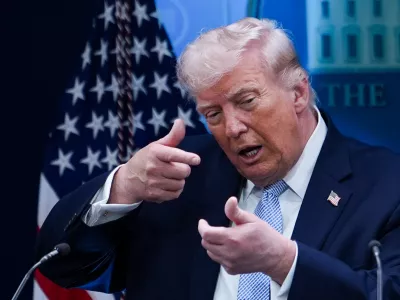 President Donald Trump speaks with reporters in the James Brady Press Briefing Room at the White House, Monday, April 6, 2026, in Washington. (AP Photo/Julia Demaree Nikhinson)