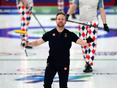 Sweden's Niklas Edin reacts during the Curling Men Round Robin Session 10 between Sweden and Norway at the Cortina Curling Olympic Stadium, on day eleven of the Milano Cortina 2026 Winter Olympics, Italy. Picture date: Tuesday February 17, 2026.,Image: 1075974961, License: Rights-managed, Restrictions: Use subject to restrictions. Editorial use only, no commercial use without prior consent from rights holder., Model Release: no