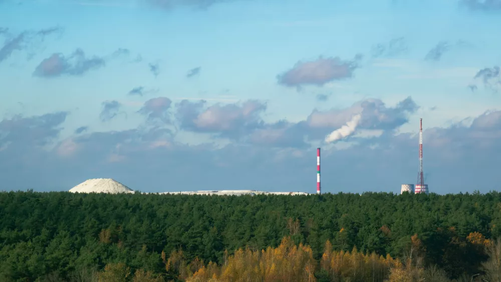 Industrial chemical plant in Gomel, Belarus. A large white mound of chemical waste rises behind a green forest, symbolizing pollution and the environmental impact of industry. / Foto: Viktoryia Malinava