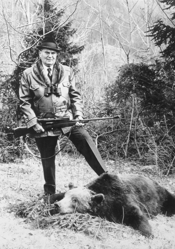 (Original Caption) Belgrade, Yugoslavia: Yugoslavia's president Josip Broz Tito poses with a bear he shot during a hunting party at Bugojno in July of 1974. During the past three years Yugoslavia's traditional pragmatic and flexible form of communism has become steadily more rigid in preparation for the post-Tito era. Tito is leaving nothing to chance in ensuring that this quarrelsome federation of six republics and two autonomous provinces does not split apart after his death. / Foto: Bettmann